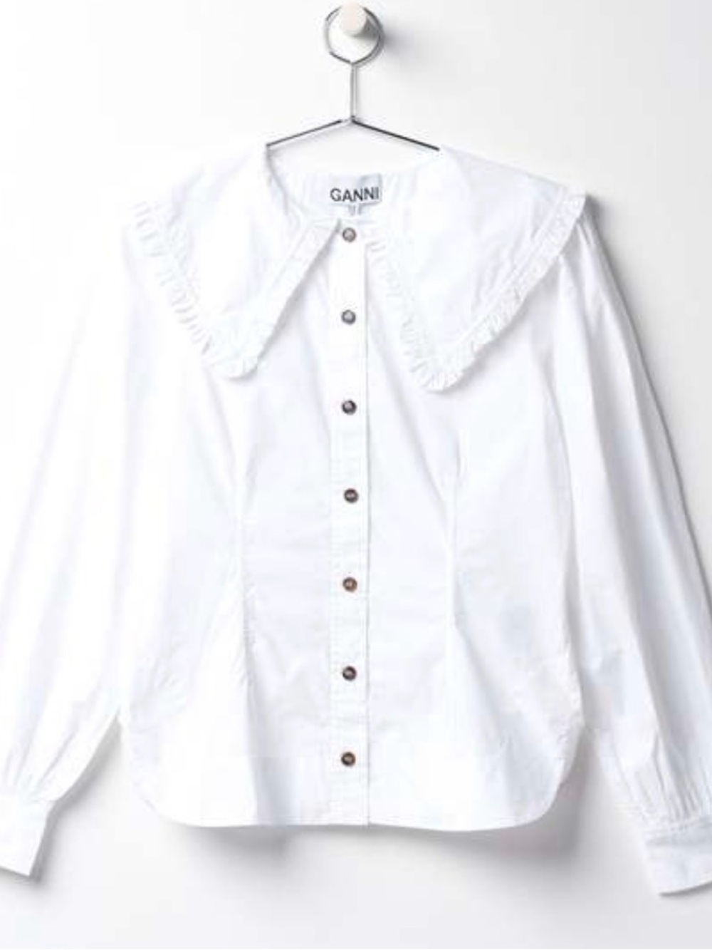 NWT Ganni White Cotton Button-Down Blouse with Ruffle Collar